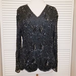 Vintage Black Beaded Silk V-Neck Evening Top